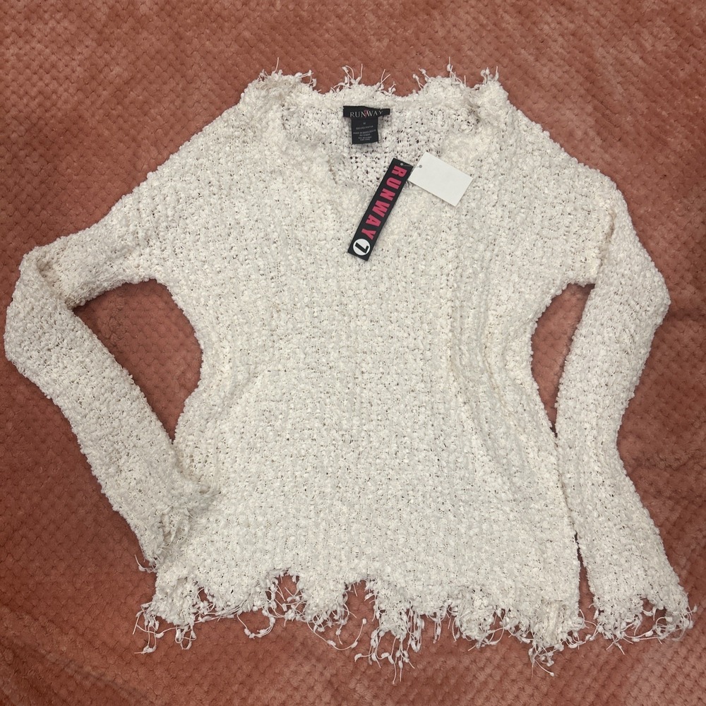 Runway 7 Womens Sweater Medium Open  Knit Frayed Hem